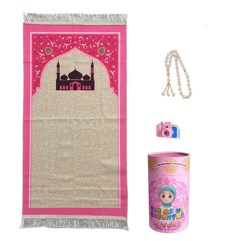 pink cartoon design prayer mat for kids with beads and camera