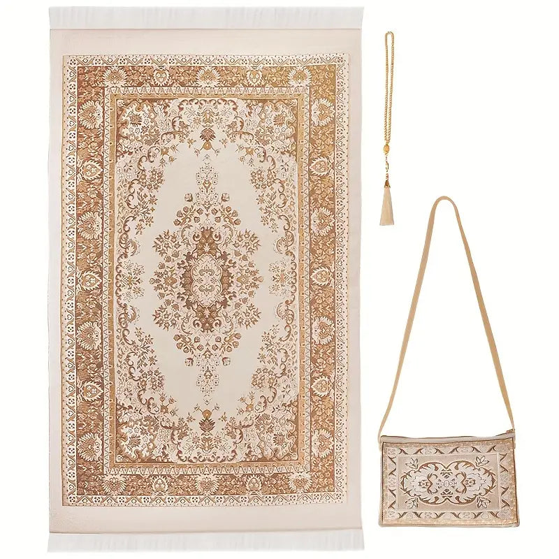 golden color prayer mat with bead and bag 