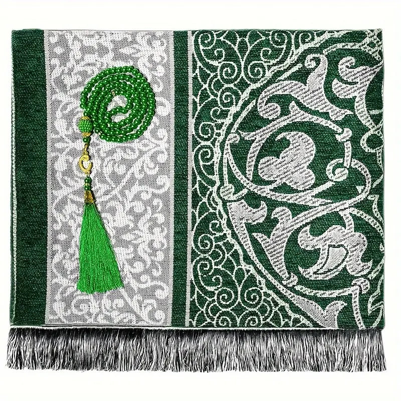 green folded  prayer mat with 99 beads 