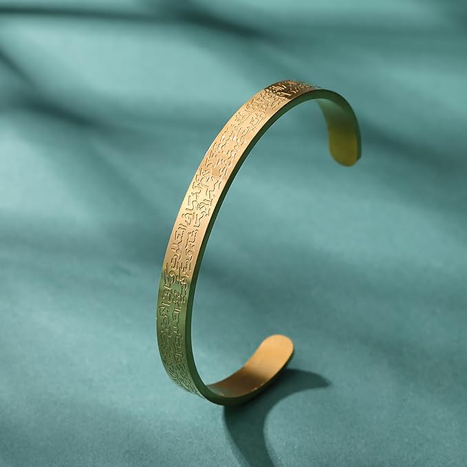 Ayatul Kursi Engraved Cuff Bracelet Golden Edition with magenta background 