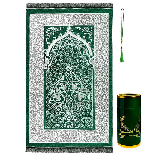 green tribal prayer mat with 99 beads